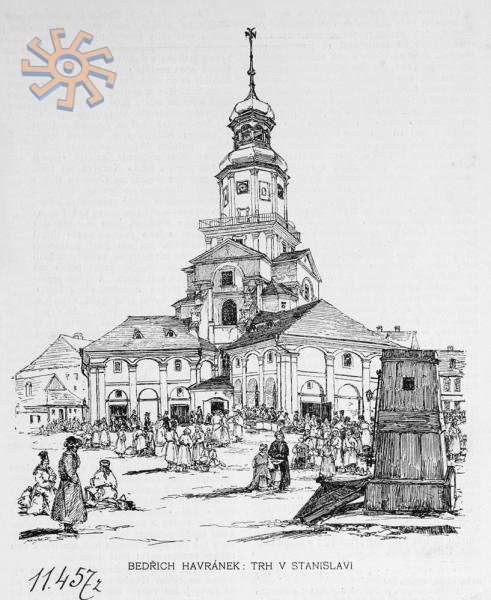 Чи не єдине відоме зображення ратуші, котра стояла в Станіславові з 1695 по 1868 р. Художник Бедрих Гавранек. З "Světozor" у № 19 від 17.03.1899