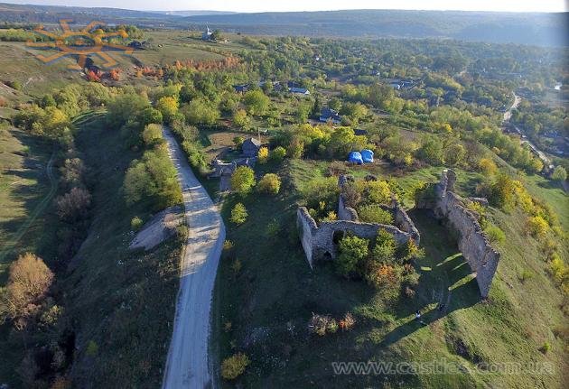 Дрон над Чорнокозинцями: внизу замок, на горизонті церква.