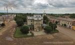 Town hall in Zhuravno, Ukraone, aerial view